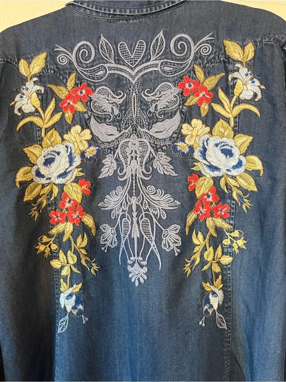 Johnny Was Hannah Denim Shirt with Multicolor Floral Embroidery - Blue - Picture 4 of 12